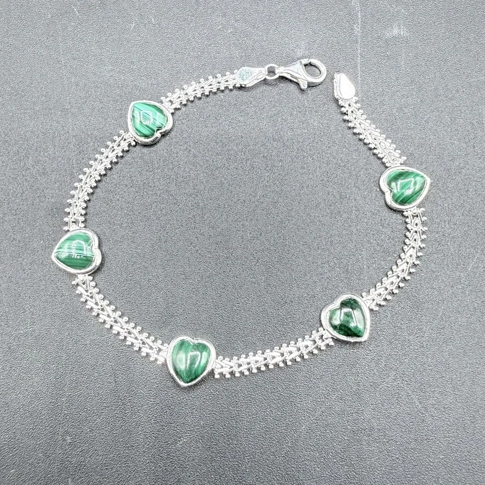 925 Sterling Silver Malachite Heart Link Chain Bracelet 8